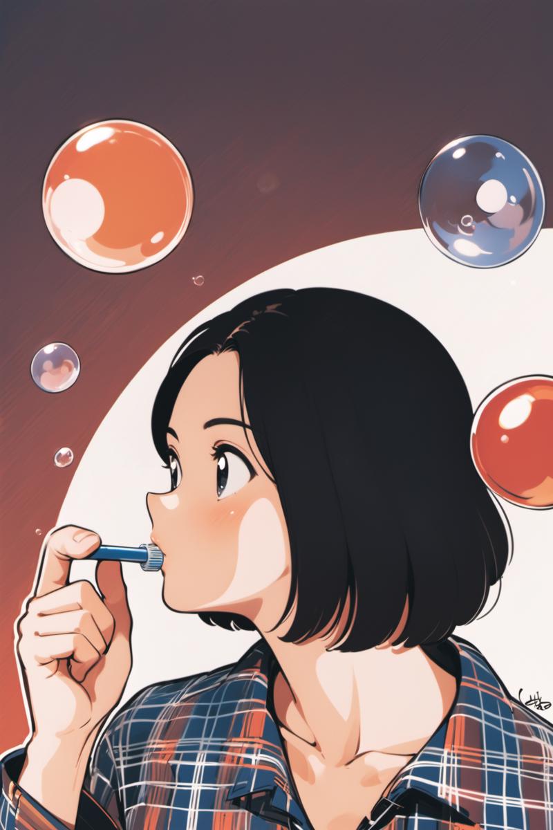 23633-595103350-1girl, solo, shirt, bubble blowing, black hair, upper body, plaid, plaid shirt, collared shirt, simple background, short hair, w.png